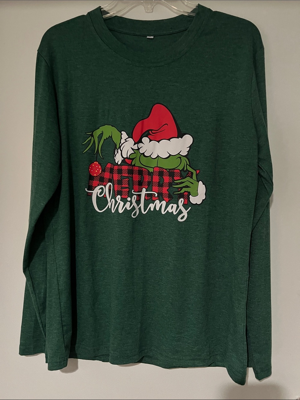 Adult Green 'Merry Christmas' Grinch Long Sleeve Lounge Tee Size Large